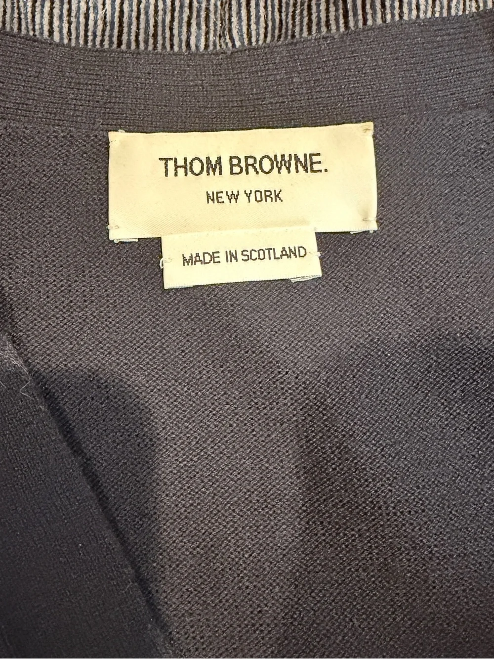 Authentic Thom Browne Navy Wool Cardigan Sweater Stripe Trim Made in Scotland SM